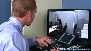 Busty office cfnm babes cockriding in trio